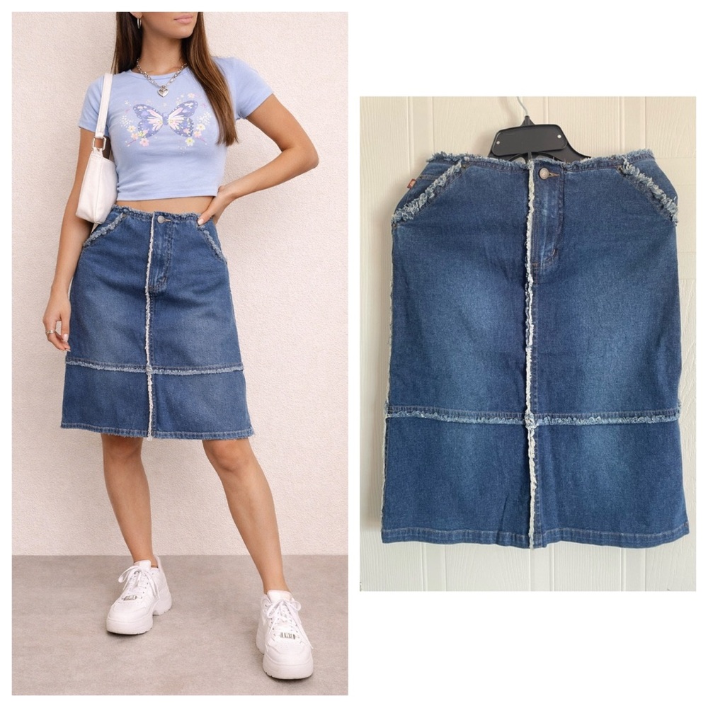 Dex Blue Denim Knee Length Skirt Frayed Seam Paneled Y2K Boho 27